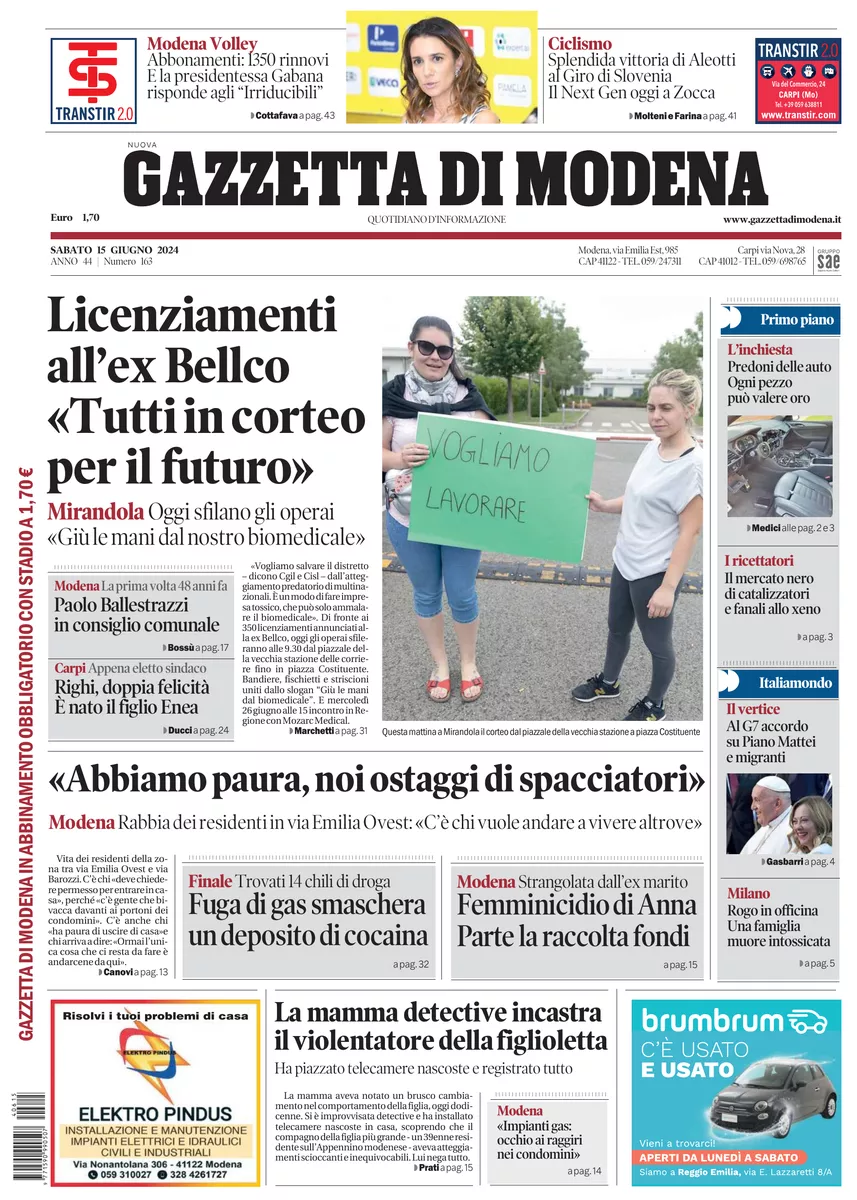 Prima-pagina-gazzetta di modena-oggi-edizione-del-2024-06-15